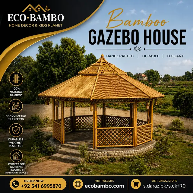 ECO BAMBO Bamboo Gazebo House Meta ad creative — handcrafted, durable, elegant bamboo gazebo ad designed by Mazhar Abbasi