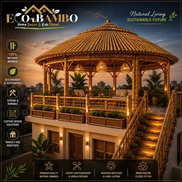 ECO BAMBO Natural Living Sustainable Future ad creative at dusk — 100% natural bamboo rooftop gazebo, eco friendly and durable