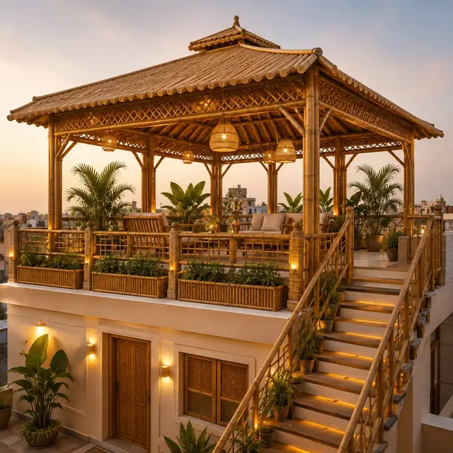 AI-generated bamboo rooftop gazebo visual at sunset, created for ECO BAMBO client by Mazhar Abbasi